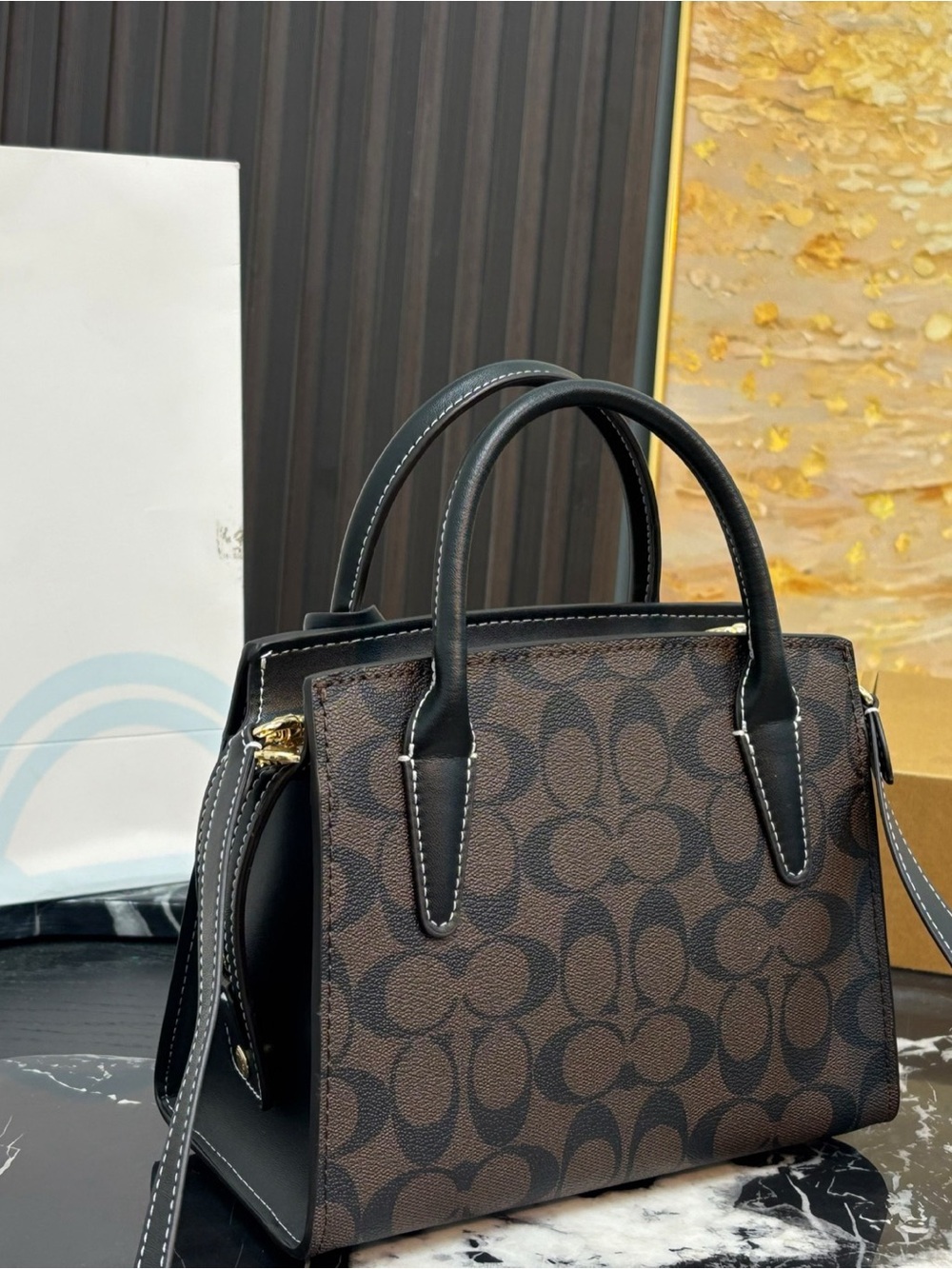 Coach Brown Signature Canvas Satchel with Black Trim - Picture 2 of 3